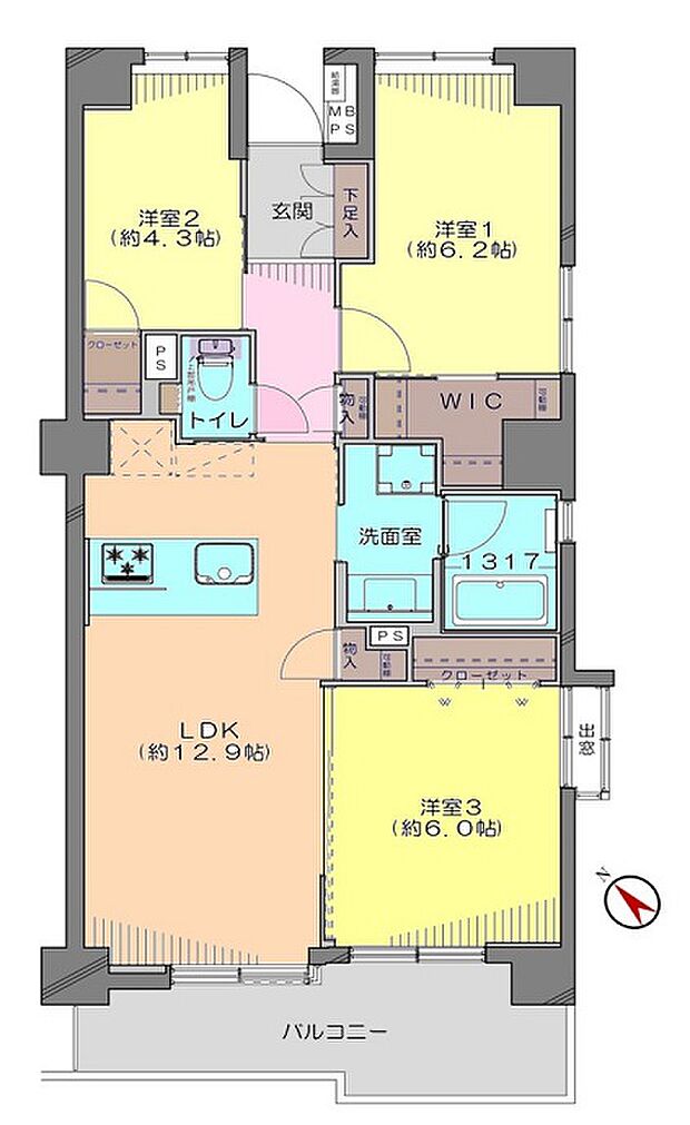 ■12階建て10階部分の南東×南西の角住戸で陽当り・通風良好  ■専有面積：65．85平米の3ＬＤＫファミリータイプ