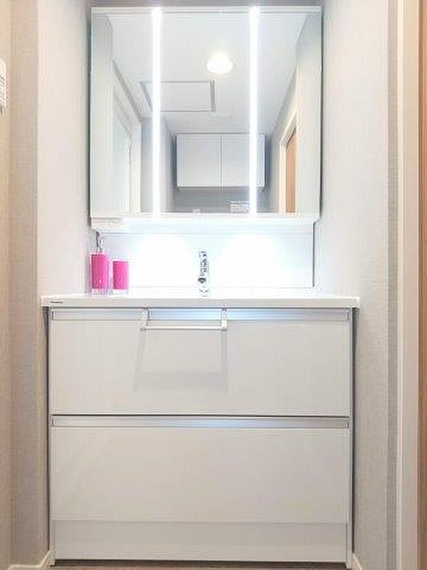 白を基調とした清潔感のあるパウダールーム。大き目の隠し棚がありタオルや日用品を収納できます。 
