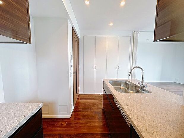 キッチン天板は格調高い天然の卸影石を採用、リビングとも美しく調和しております。