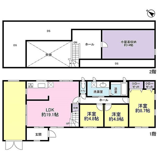 天井高のLDKと14帖の小屋裏収納が個性を出す間取り。