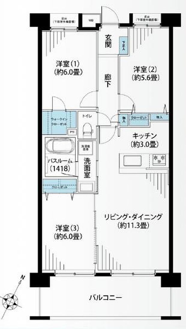 グランシティ市が尾(3LDK) 3階の間取り