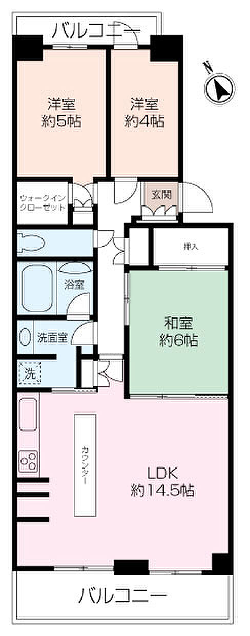 南西向きにつき陽当たり良好。2面バルコニーで風通しの良いお部屋。