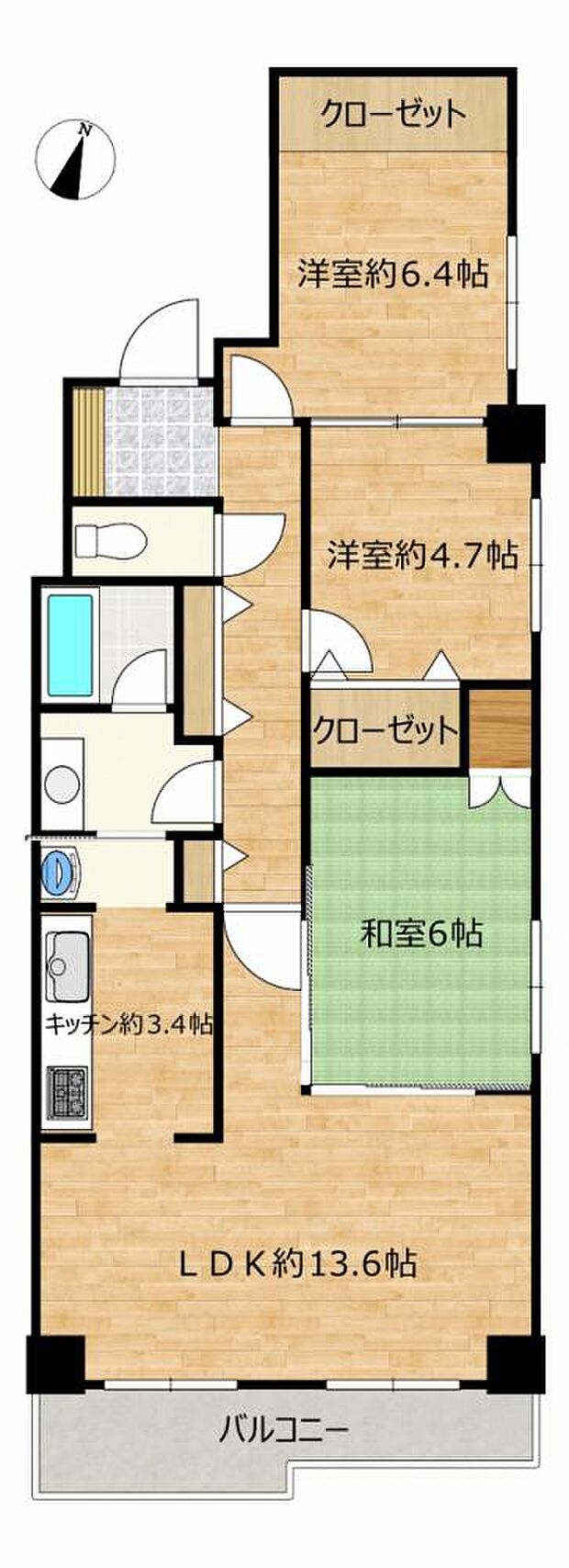【間取図】3LDKで81.32平米のマンションです。各居室自然採光で収納付きです。回遊動線のある間取りなので家事の効率が高まります。