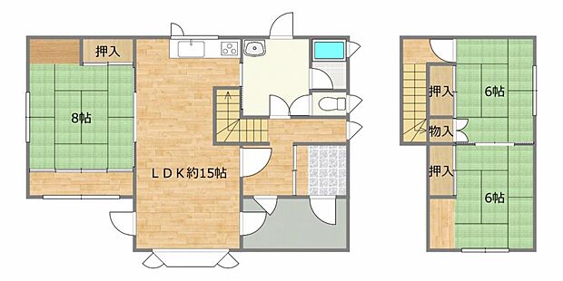【期間限定現況販売＿間取図】1階に和室1部屋、2階に続き間の和室のある3LDKの住宅です。1階の和室には縁側もあるので、ゆったりとした生活ができますね。各居室に収納がついているのもうれしいポイントです