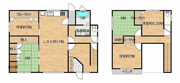 【間取り図】間取りは5LDKの二階建てです。各部屋に収納があるので、部屋を広く使える間取りになっています。 