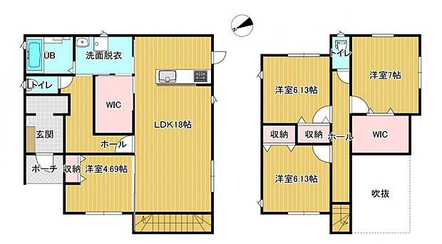 【間取り図】間取りは4LDKの二階建てです。各部屋に収納があるので、部屋を広く使える間取りになっています。 