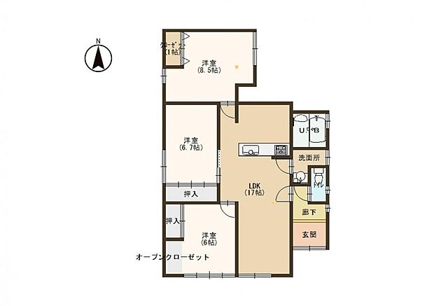 【間取り】3LDKの平屋建てで、各居室に収納も設けられています。