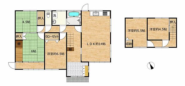 【リフォーム済】リフォームで、東南の洋室とDKを14帖のLDKに間取変更しました。南側の和室6.5帖は洋室に変更しました。