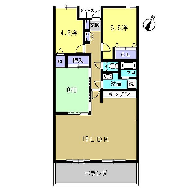 【間取図】約15帖のリビングがある3LDKのお家です。南東向きなので、自然光も入り明るいです。