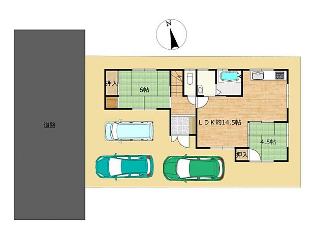 敷地面積152.63m2（46.17坪）敷地西側が幅員5ｍの道に接しています。駐車は3台可能です。