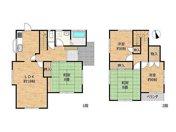 間取り図です。約18帖のLDK、全居室が二面採光で、日当たりの良いお家です。