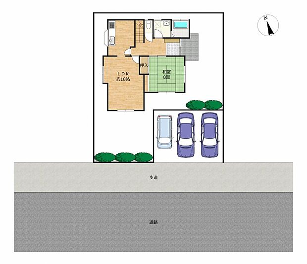 敷地図です。並列で普通車2台、軽自動車1台が駐車できるように駐車場を拡張しました。