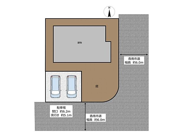 【区画図】駐車場拡張工事中です。普通車2台駐車可能になります。前面道路も約5.2ｍと広いため、毎日の駐車はストレスフリーですね。