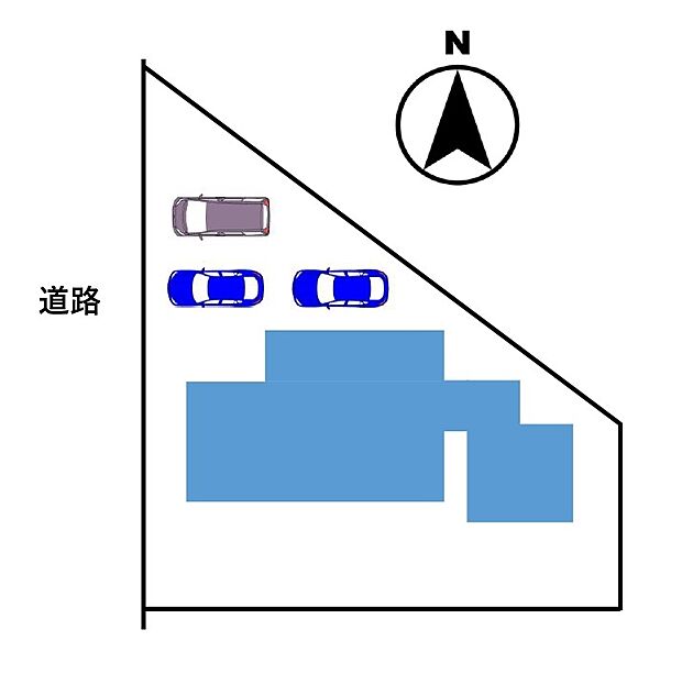 【区画図】角地にある、2階建ての建物になります。駐車場は車庫を解体し3台駐車可能にしていきます。お庭も樹木の伐採、除草を行っています。