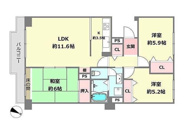 六甲グランドヒルズ(3LDK) 9階の間取り