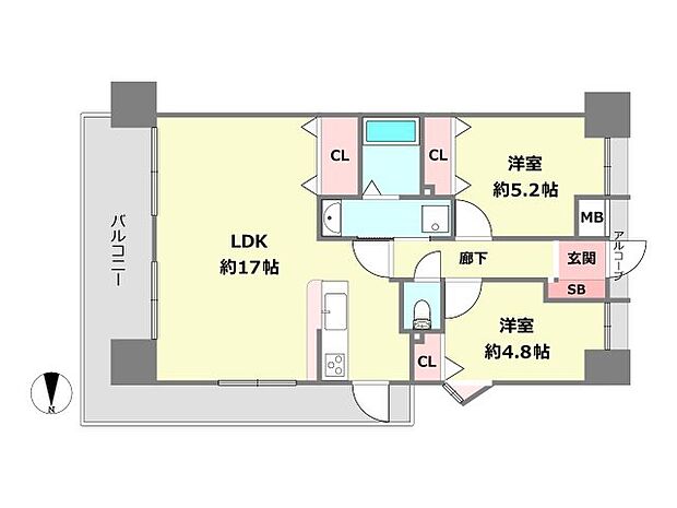 プレステージ灘駅前(2LDK) 4階の間取り