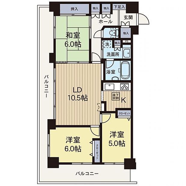 【間取り図】南西角部屋の為、陽当たり通風良好です。Ｌ型のバルコニーがとても開放的です。