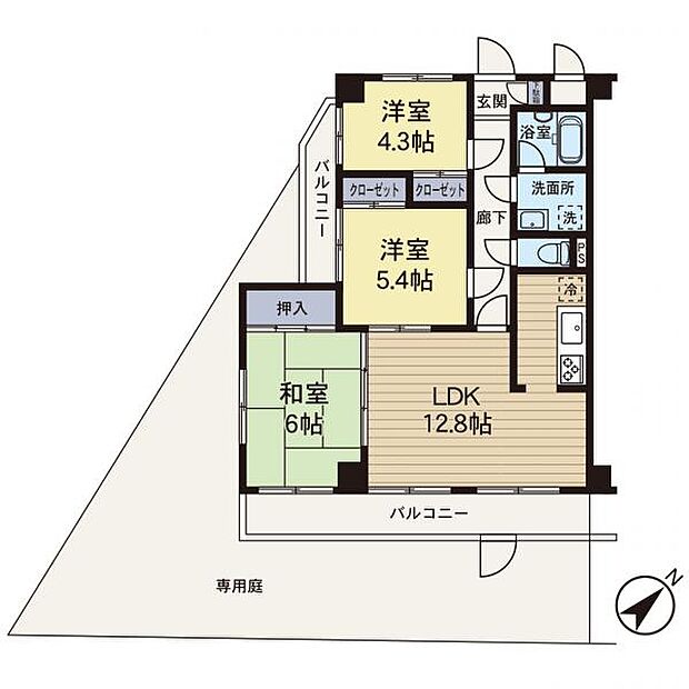 【間取り図】広々3LDKの間取り、使用料無料の専用庭も付いております。