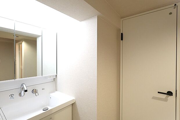 三面鏡付き独立洗面化粧台！鏡裏やボウル下にたっぷり収納があり、生活感の出やすいアイテムも収納可能。