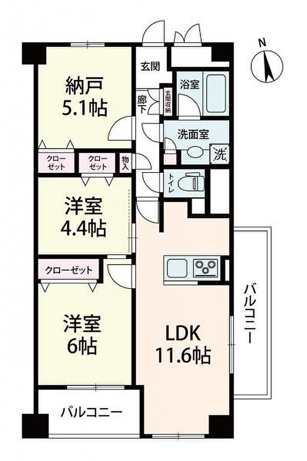 間取図 南向きバルコニーで陽当たりも大変良好。