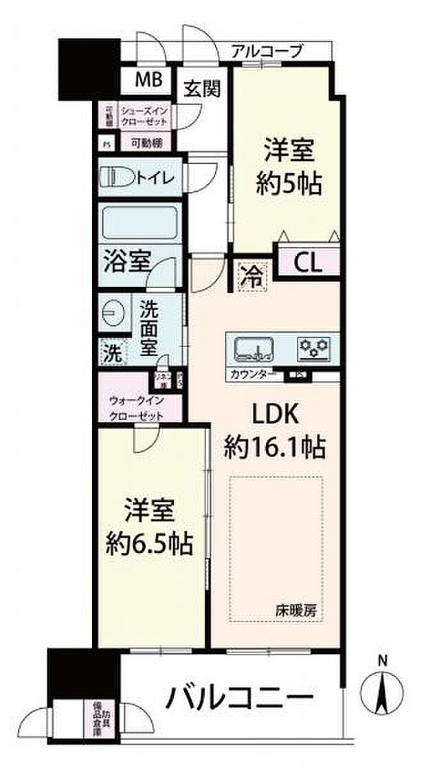 ≪間取り図≫ 広さ59.26平米の2LDKの間取りです。南向きバルコニーで室内が明るいです。