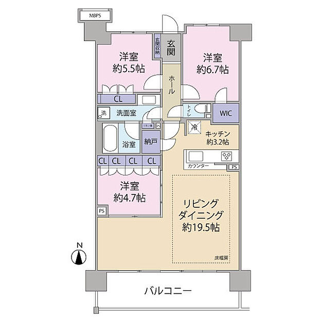 間取：3LDK　専有面積：85.05？　バルコニー：12.42？