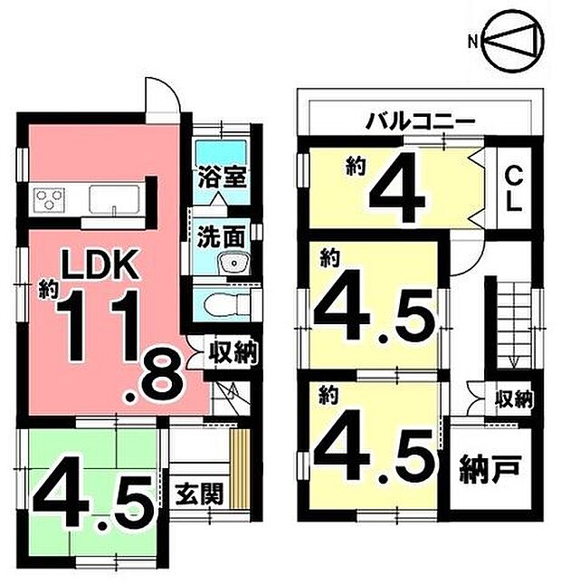 洗面・浴室、階段がリビングを通る配置になっており、ご家族が顔を合わせやすい間取りです。2階4.5帖洋室は2室合わせて広々とお使い頂く事も可能です