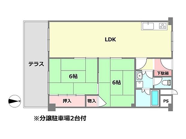 六甲ハイツ(2LDK) 3階の間取り