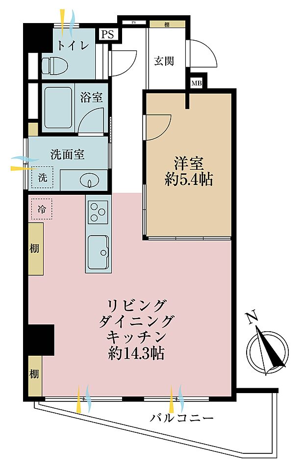 1ＬＤＫ、専有面積55．96平米（バルコニー面積含む）