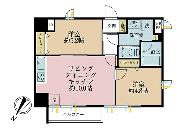 2ＬＤＫ、専有面積48．08平米、バルコニー面積3．15平米