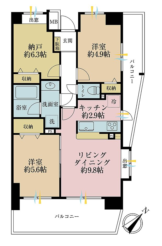 2ＳＬＤＫ、専有面積61．68平米、バルコニー面積19．61平米