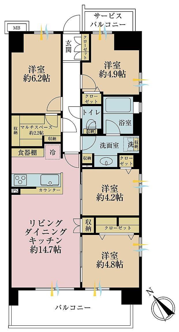 4ＬＤＫ、専有面積82．53平米、バルコニー面積10．98平米