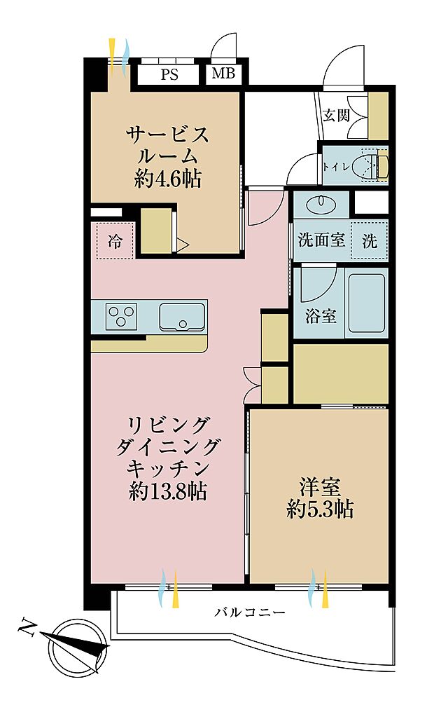 1ＳＬＤＫ、専有面積55．53平米、バルコニー面積7．35平米