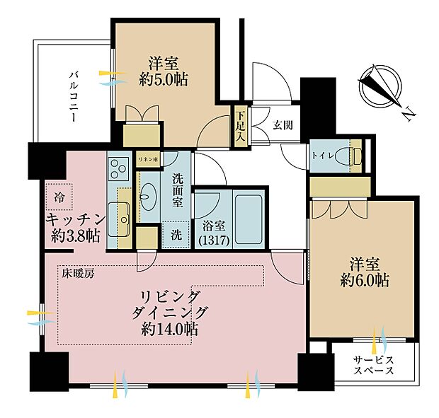 2ＬＤＫ、専有面積64．30平米、バルコニー面積4．58平米