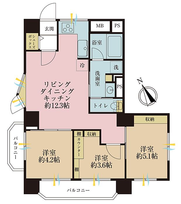 3ＬＤＫ、専有面積54．90平米、バルコニー面積6．21平米