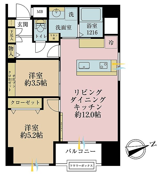 2ＬＤＫ、専有面積48．11平米、バルコニー面積3．48平米