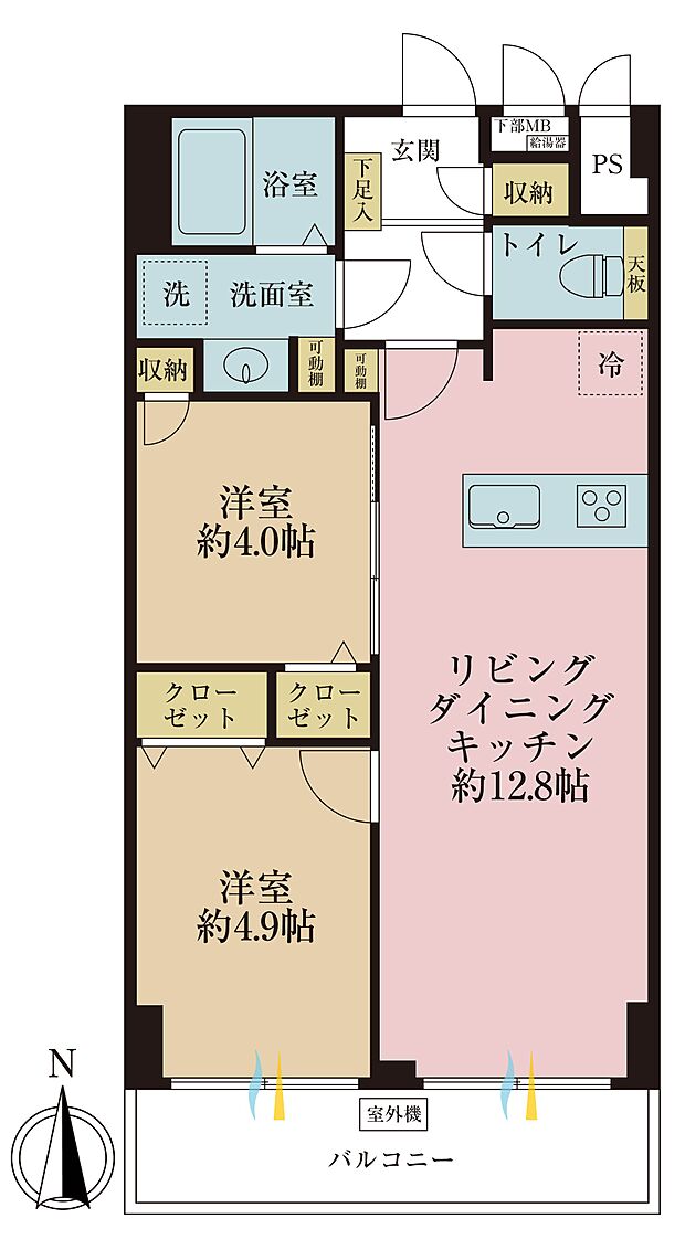 2ＬＤＫ、専有面積54．17平米、バルコニー面積6．60平米