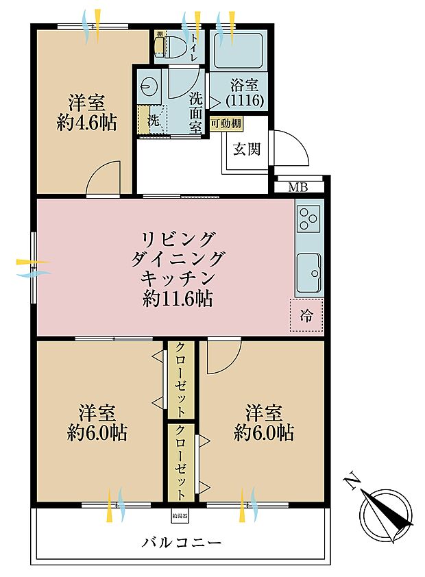 3ＬＤＫ、専有面積60．63平米、バルコニー面積6．25平米