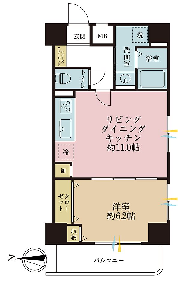 1ＬＤＫ、専有面積43．24平米、バルコニー面積5．28平米