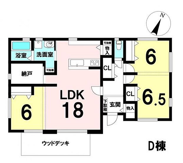 D棟の間取りです。LDKは広々18帖。自然と家族の集う空間になりそうです。東側6帖、6.5帖は間仕切りを入れることで2部屋になります。将来の子供部屋にもぴったりな空間です(現在は12.5帖)
