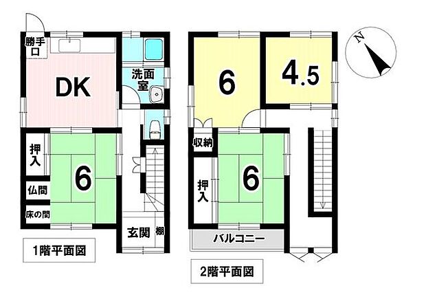 4DKの間取です。1階和室はダイニングと襖で仕切れ、開け放つ事でリビングのようにも使えそうです。トイレ、キッチン、玄関に近くお子様の遊び場やお昼寝、ご年配の方のお部屋としても安心ですね。