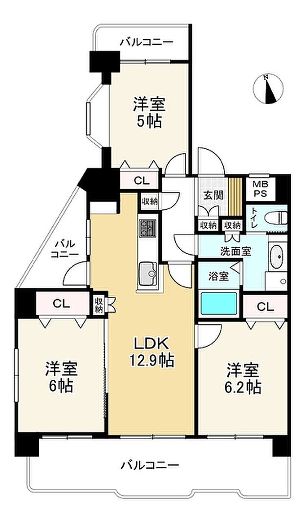 ライオンズマンション六本松(3LDK) 3階の間取り