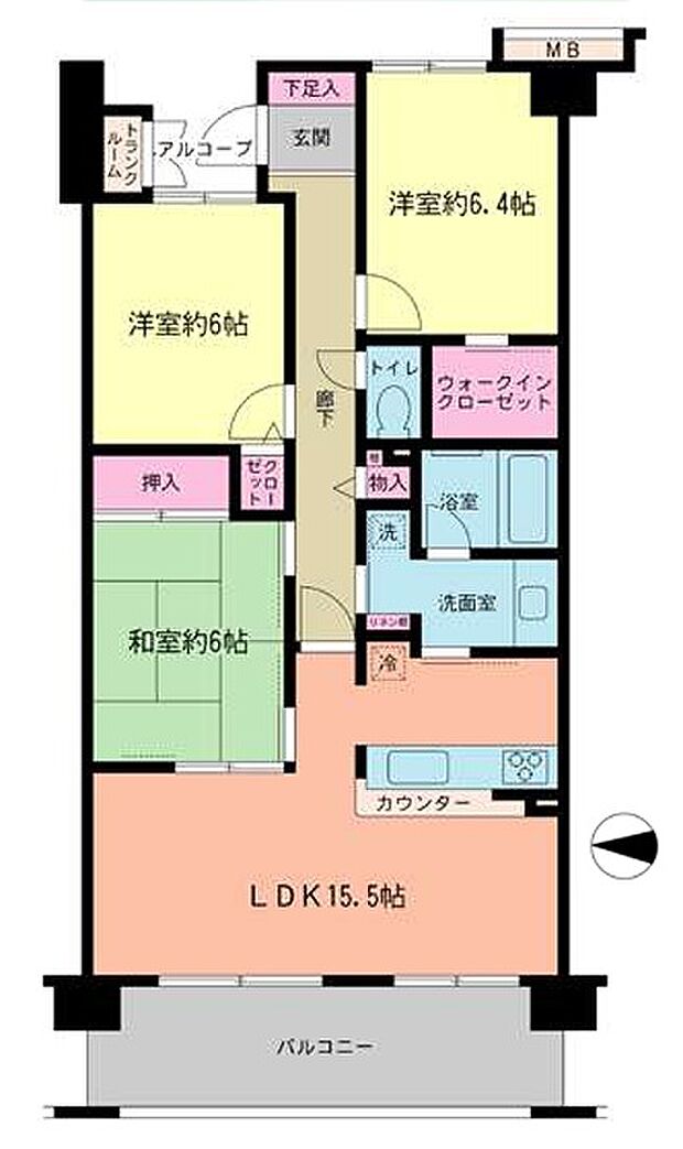 ゼファーグリーンアイルグランデフォート(3LDK) 6階/610号室の間取り