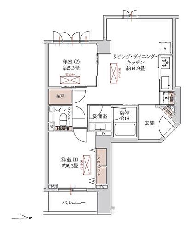 パーク・コート市谷加賀町(2LDK) 2階の間取り