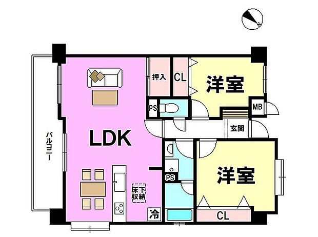 明るく開放感のあるリビングがうれしいオールフローリングの2ＬＤＫ。