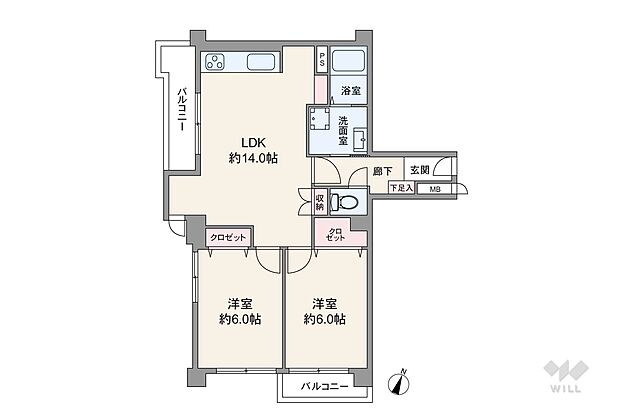 間取りは専有面積58.96平米の2LDK。2面バルコニー・センターインのプラン。個室は2部屋ともに6帖の広さがありクロゼットが設けられています。