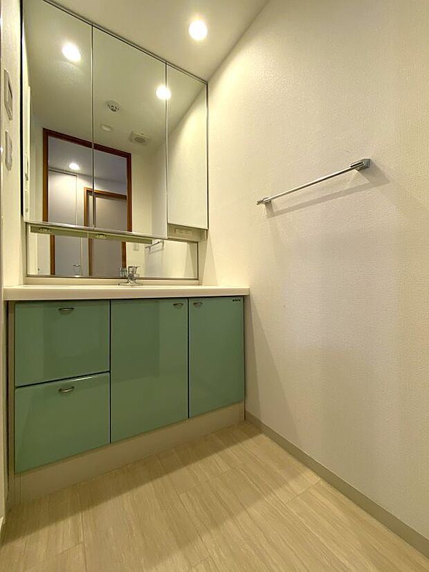 洗面脱衣場です。グリーンを基調とした洗面台は透明感のある室内空間を演出してくれます。