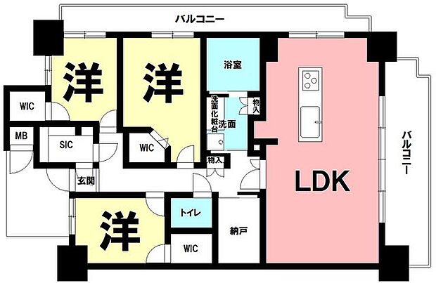 3LDK+納戸、WIC3カ所、SIC、北東角部屋、桜島眺望可能【専有面積90.50m2】