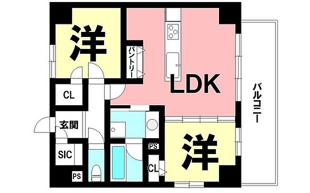 2LDK、シューズクローク、パントリー、南西向きバルコニー【専有面積53.59m2】