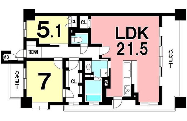 2LDK+ウォークスルークローゼット、3面バルコニー【専有面積78.45m2】